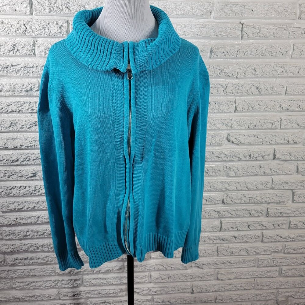 Studio Works 2X Cardigan Sweater Blue Turtleneck Knit Cotton Solid SWE85E